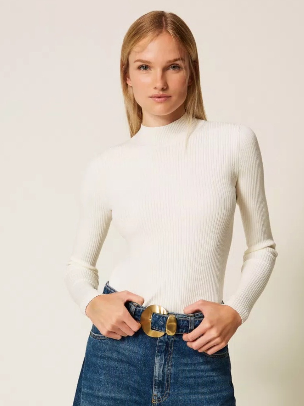 Uniqlo Shirt - cream ribbed long sleeve mock turtleneck fitted